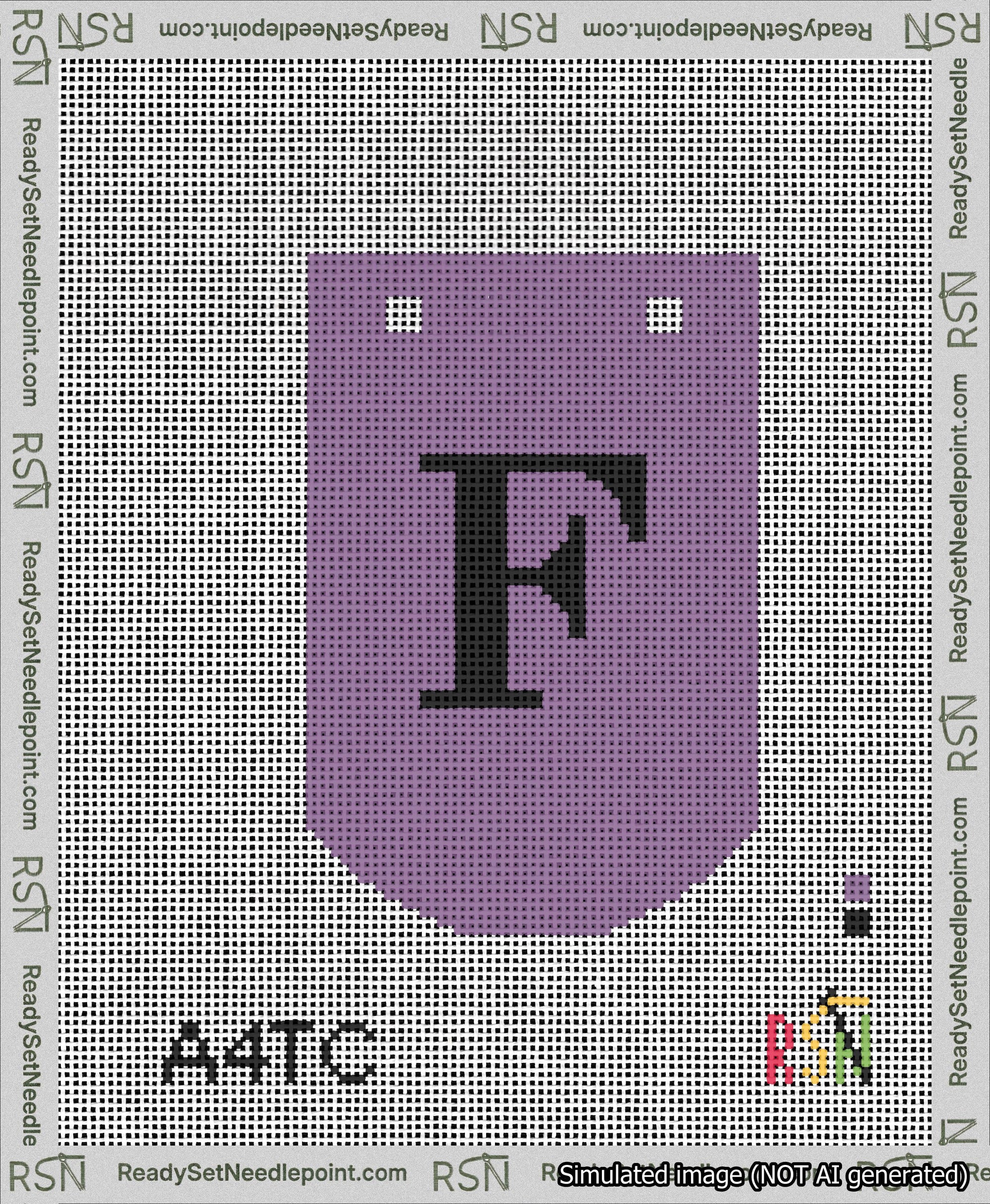 A taped needlepoint canvas with the design: Banner 13 mesh count Curved F Black on Purple.