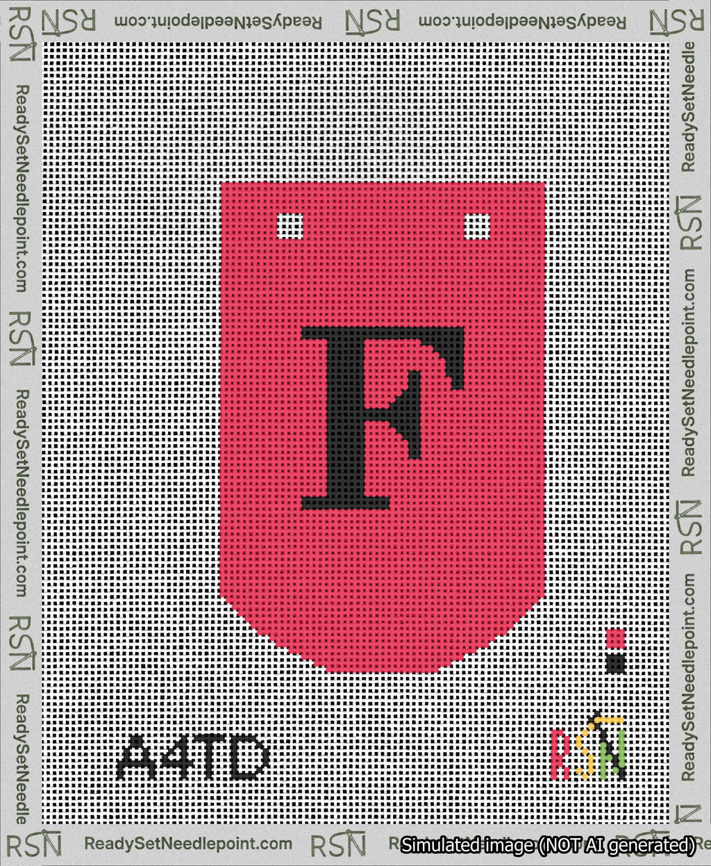 A taped needlepoint canvas with the design: Banner 13 mesh count Curved F Black on Red.
