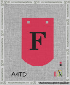 A taped needlepoint canvas with the design: Banner 13 mesh count Curved F Black on Red.