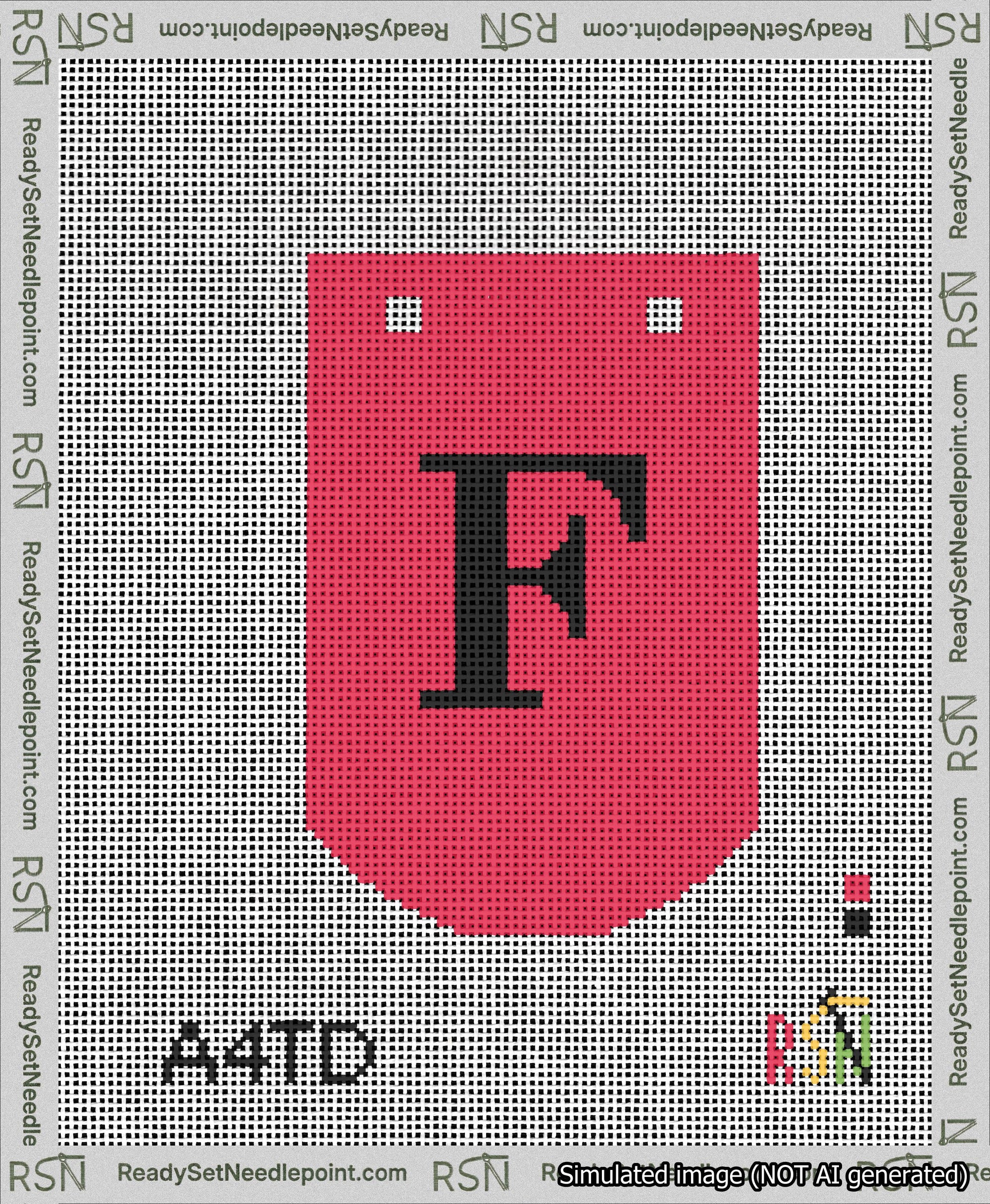 A taped needlepoint canvas with the design: Banner 13 mesh count Curved F Black on Red.