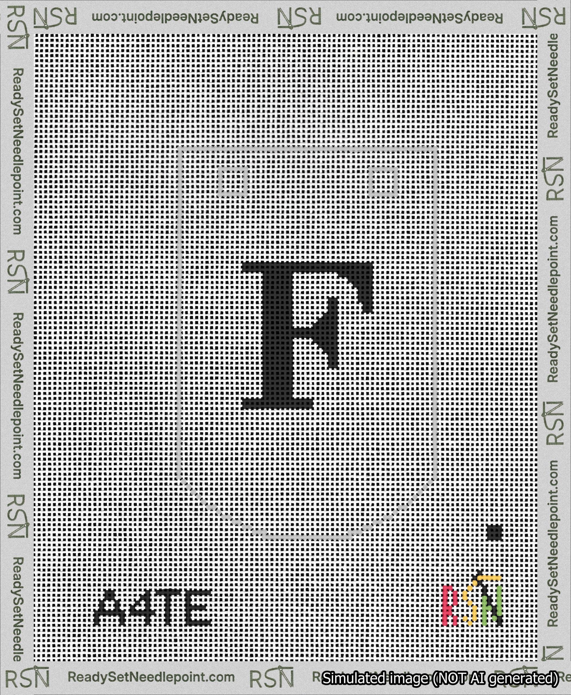 A taped needlepoint canvas with the design: Banner 13 mesh count Curved F Black on White.