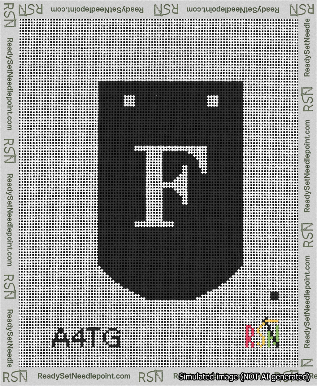 A taped needlepoint canvas with the design: Banner 13 mesh count Curved F White on Black.