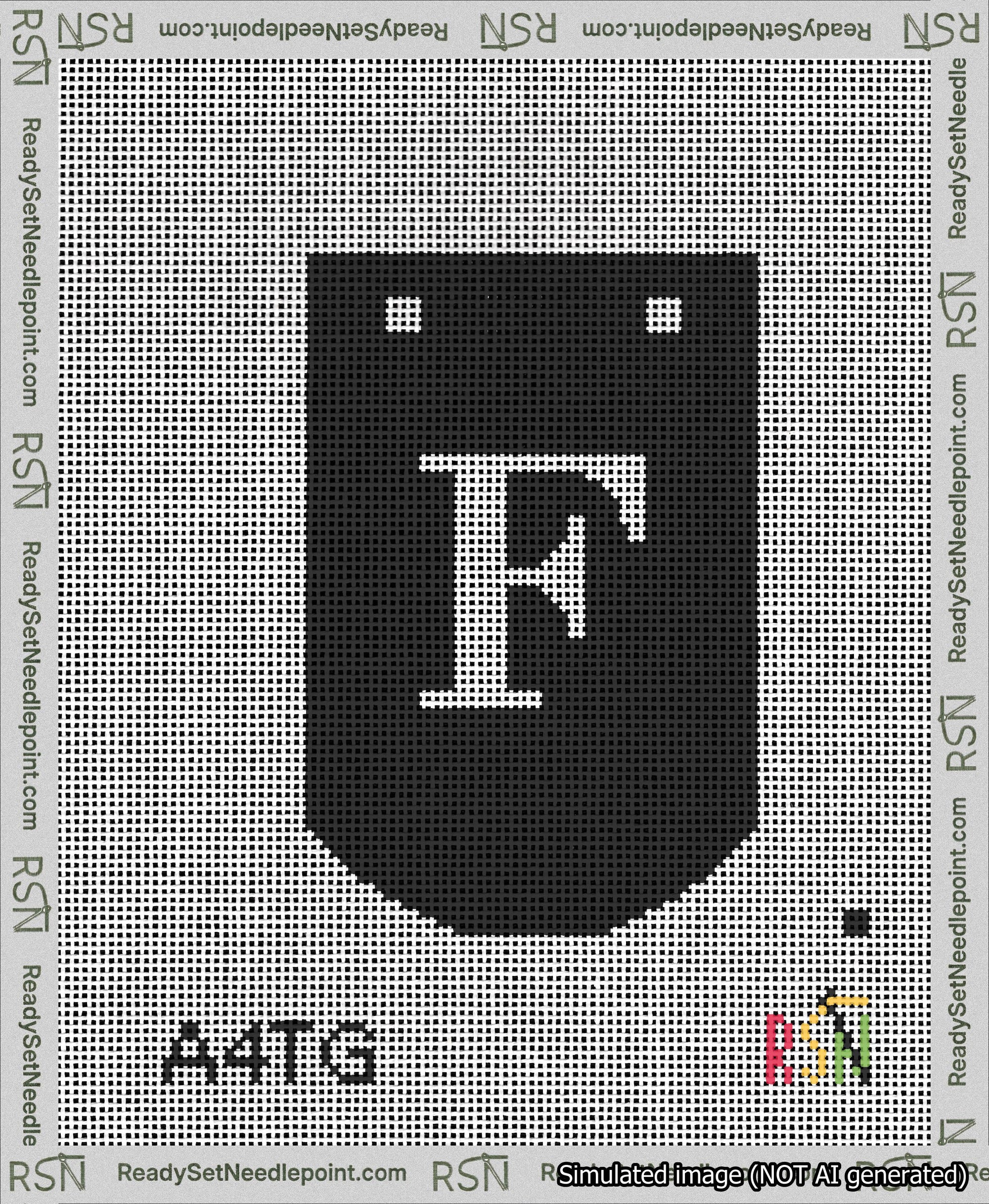 A taped needlepoint canvas with the design: Banner 13 mesh count Curved F White on Black.