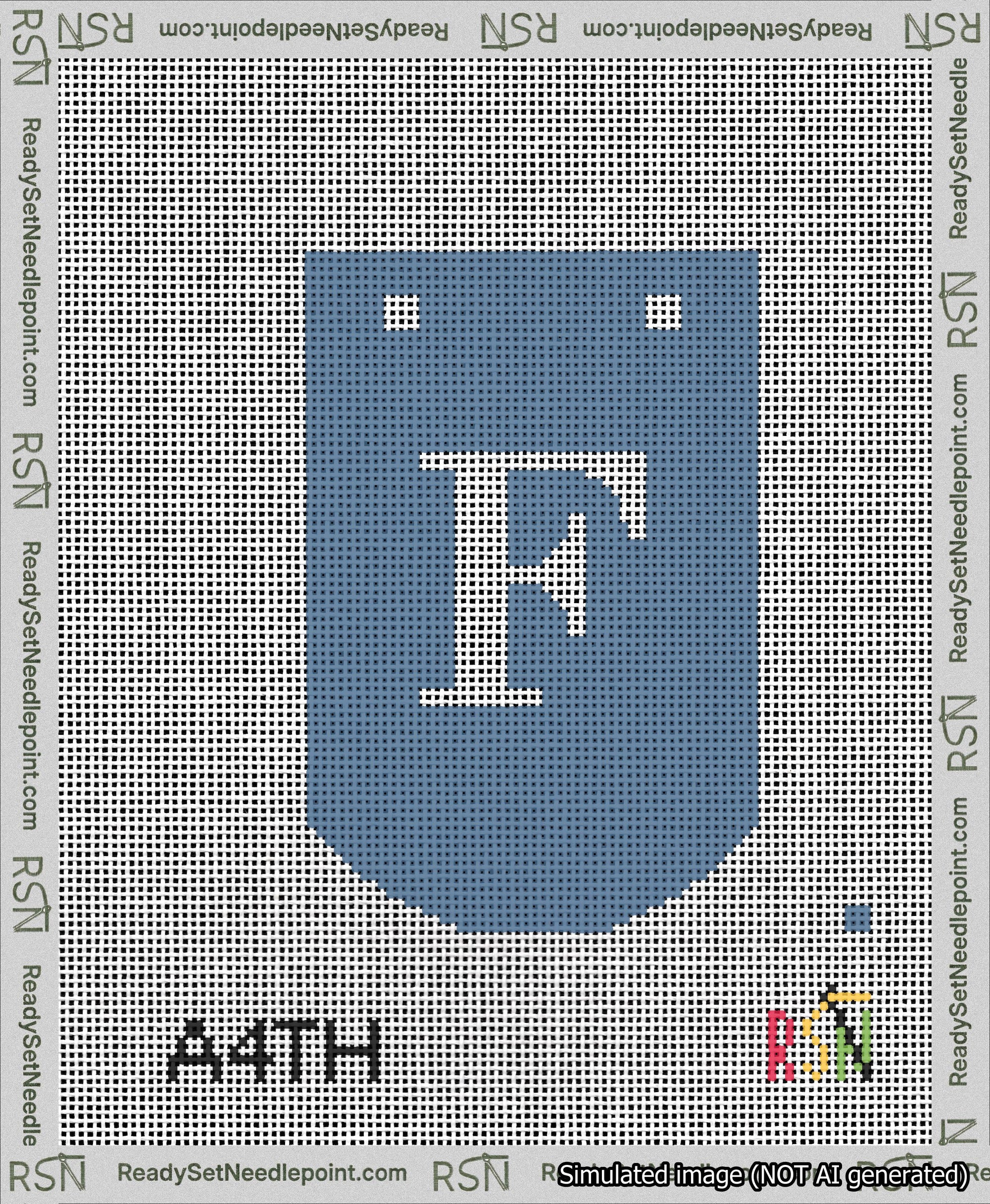 A taped needlepoint canvas with the design: Banner 13 mesh count Curved F White on Blue.