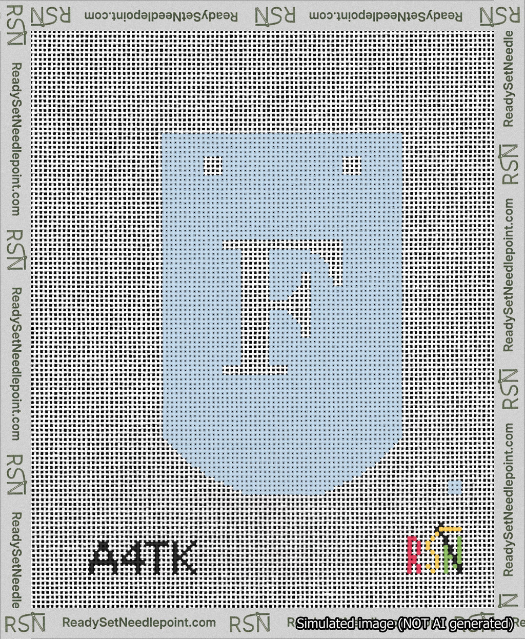 A taped needlepoint canvas with the design: Banner 13 mesh count Curved F White on Light Blue.