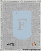 A taped needlepoint canvas with the design: Banner 13 mesh count Curved F White on Light Blue.