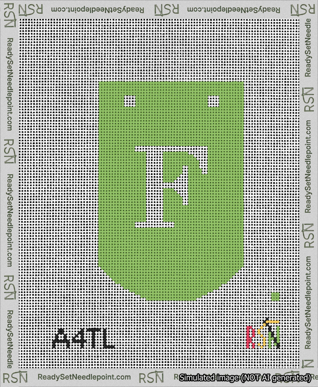A taped needlepoint canvas with the design: Banner 13 mesh count Curved F White on Light Green.