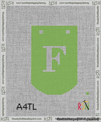 A taped needlepoint canvas with the design: Banner 13 mesh count Curved F White on Light Green.