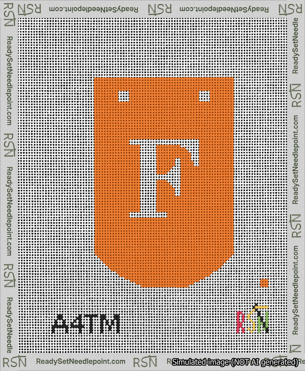A taped needlepoint canvas with the design: Banner 13 mesh count Curved F White on Orange.