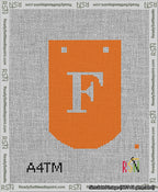 A taped needlepoint canvas with the design: Banner 13 mesh count Curved F White on Orange.