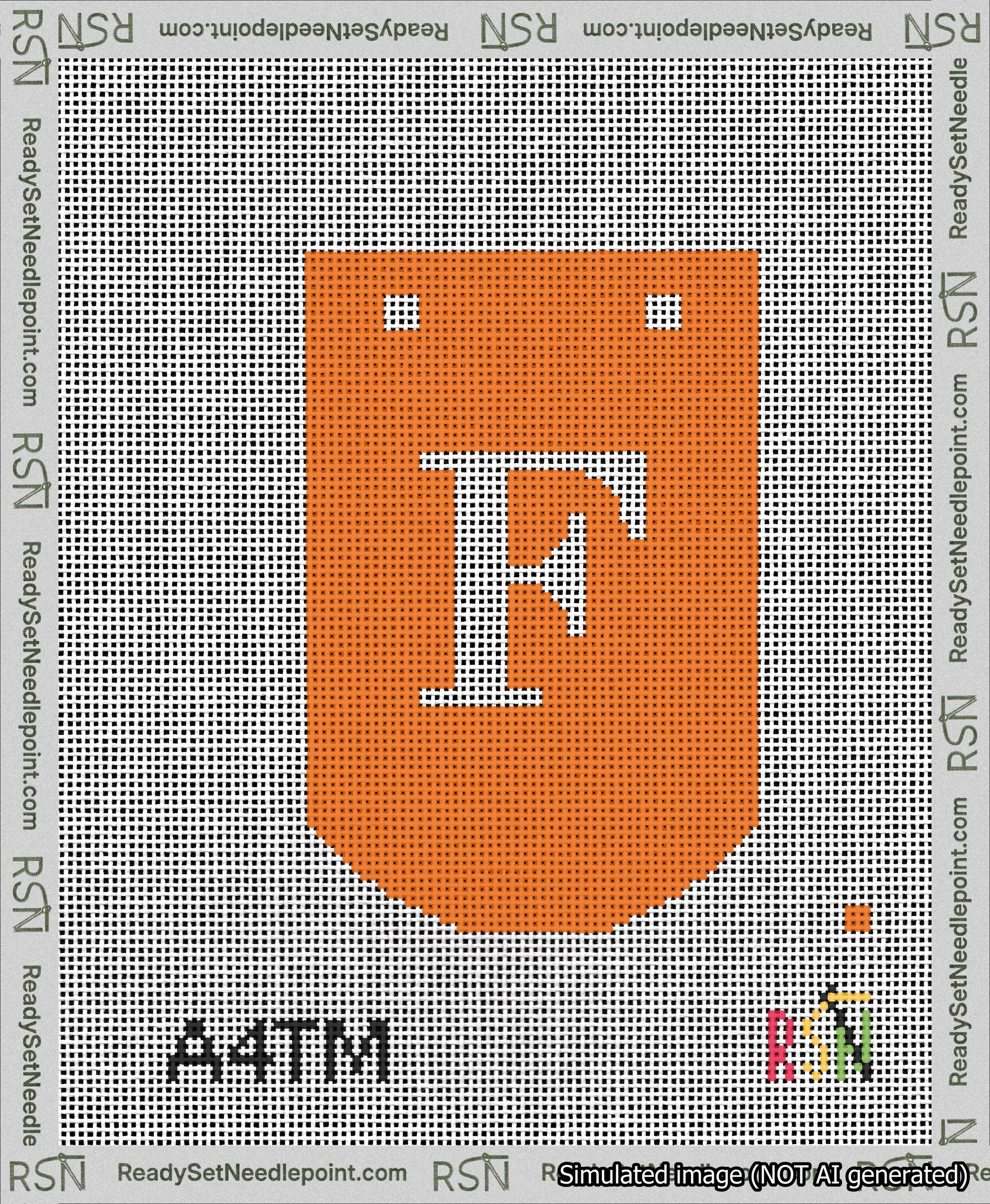 A taped needlepoint canvas with the design: Banner 13 mesh count Curved F White on Orange.
