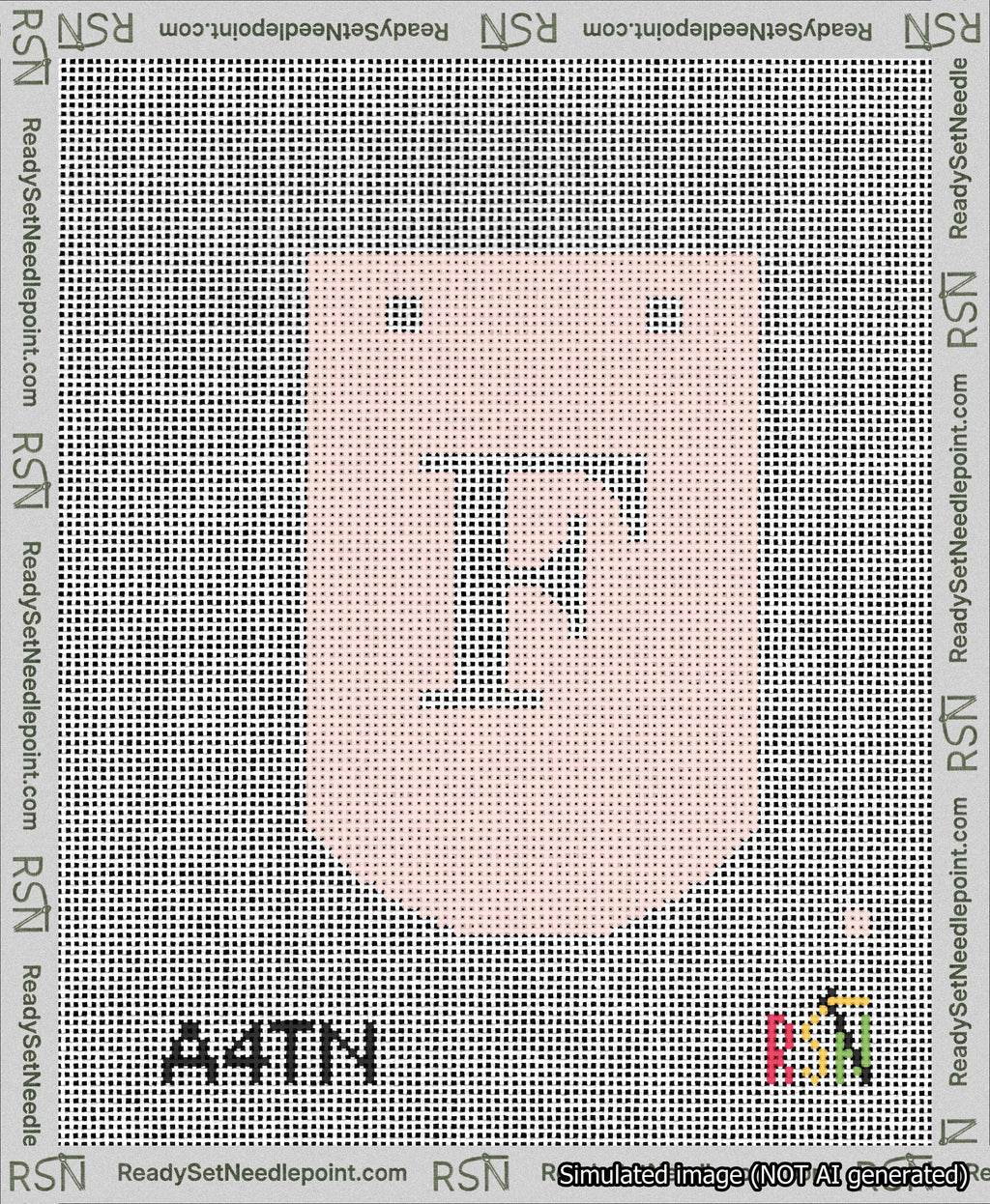 A taped needlepoint canvas with the design: Banner 13 mesh count Curved F White on Pink.