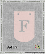 A taped needlepoint canvas with the design: Banner 13 mesh count Curved F White on Pink.