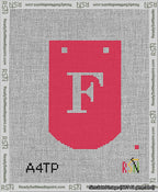 A taped needlepoint canvas with the design: Banner 13 mesh count Curved F White on Red.