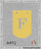 A taped needlepoint canvas with the design: Banner 13 mesh count Curved F White on Yellow.