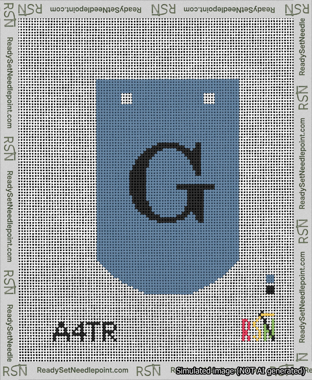 A taped needlepoint canvas with the design: Banner 13 mesh count Curved G Black on Blue.