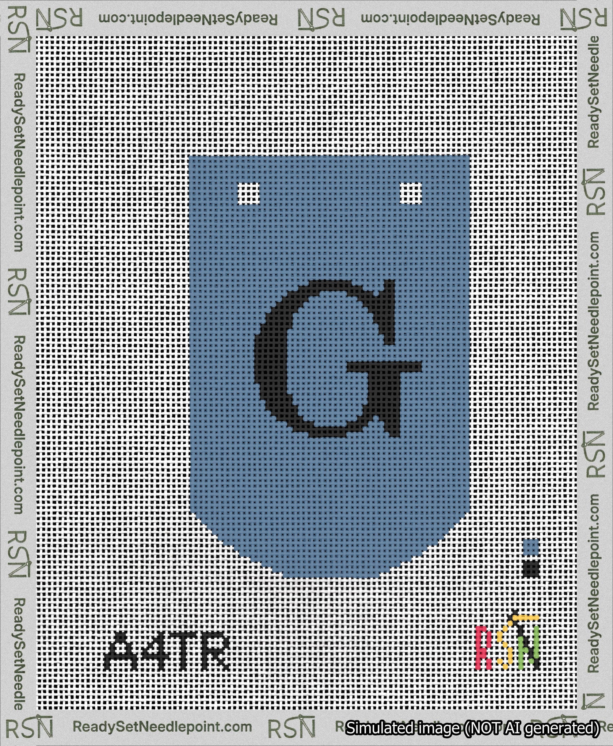 A taped needlepoint canvas with the design: Banner 13 mesh count Curved G Black on Blue.