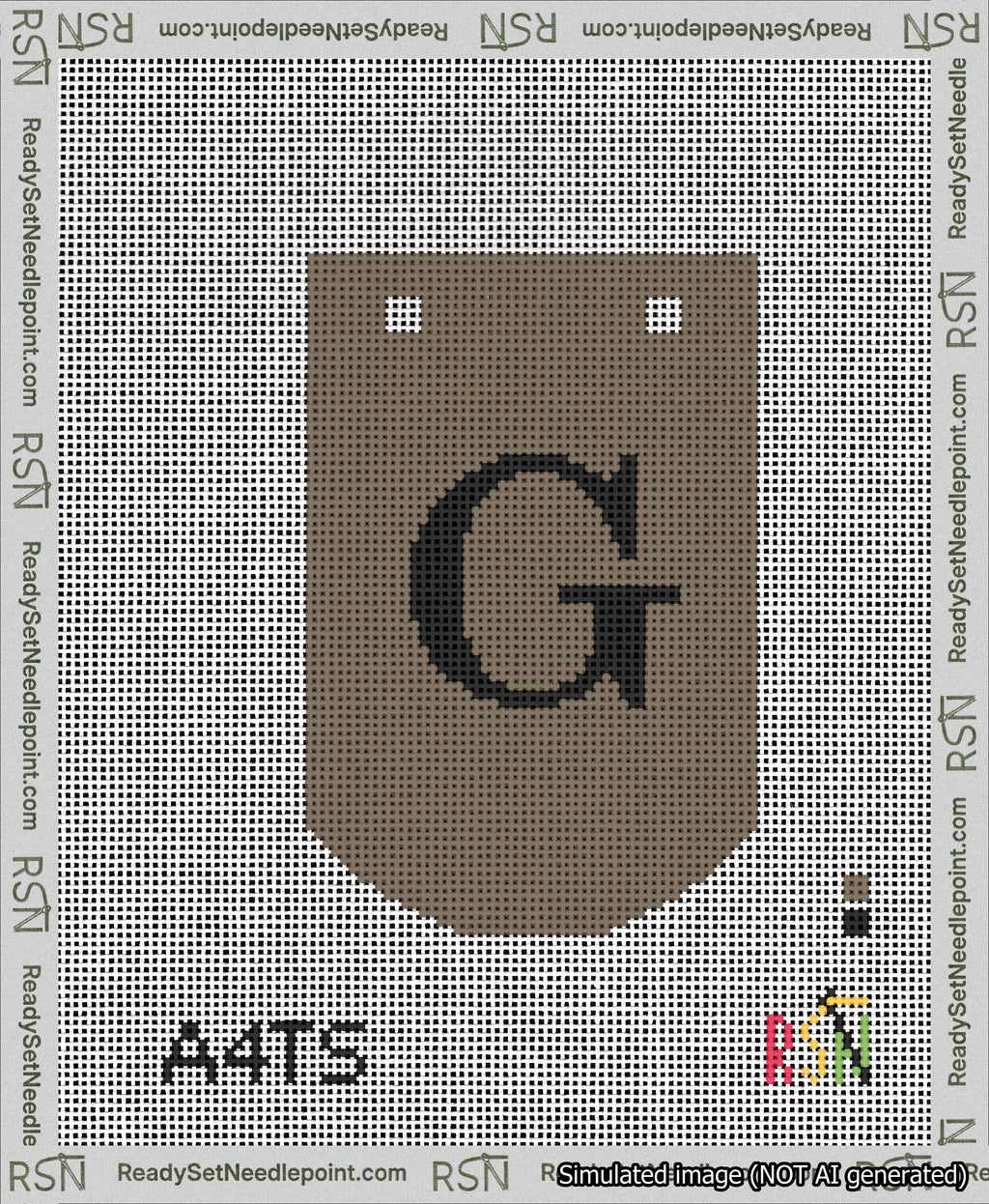 A taped needlepoint canvas with the design: Banner 13 mesh count Curved G Black on Brown.