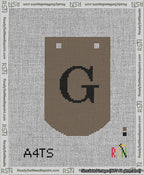 A taped needlepoint canvas with the design: Banner 13 mesh count Curved G Black on Brown.