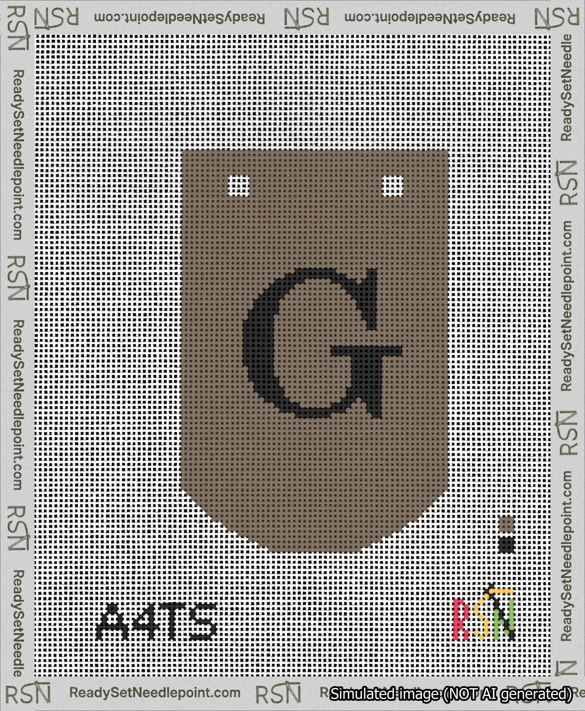 A taped needlepoint canvas with the design: Banner 13 mesh count Curved G Black on Brown.