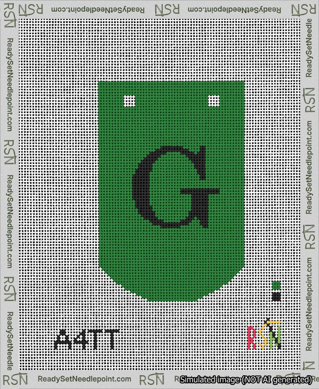 A taped needlepoint canvas with the design: Banner 13 mesh count Curved G Black on Green.
