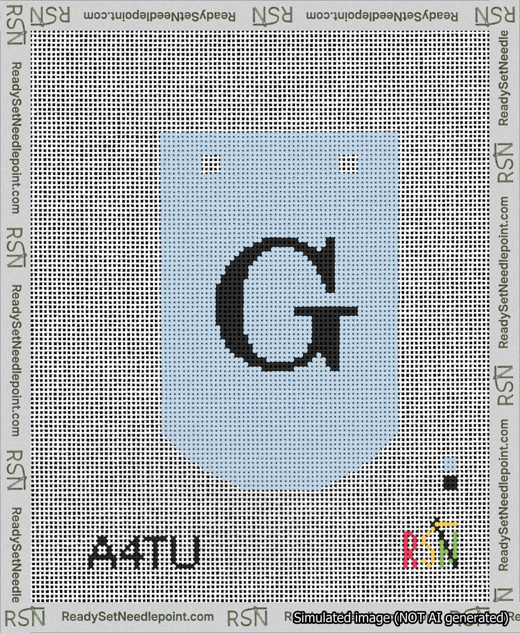 A taped needlepoint canvas with the design: Banner 13 mesh count Curved G Black on Light Blue.