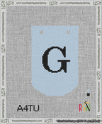 A taped needlepoint canvas with the design: Banner 13 mesh count Curved G Black on Light Blue.