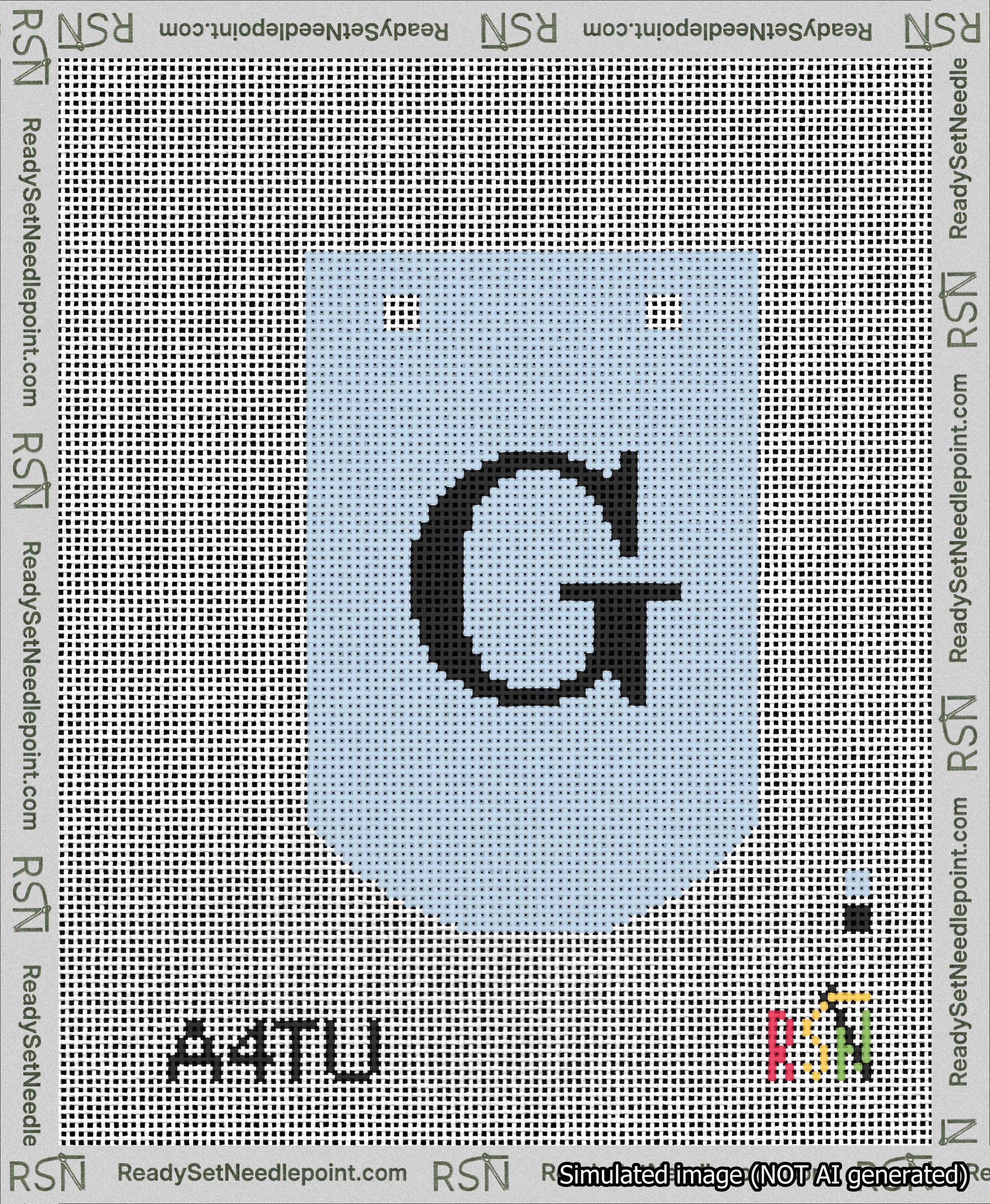 A taped needlepoint canvas with the design: Banner 13 mesh count Curved G Black on Light Blue.