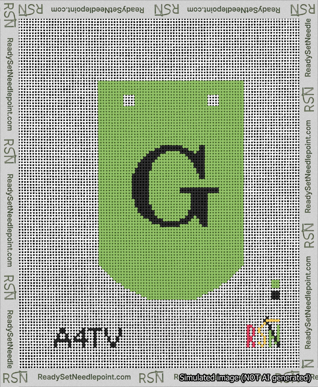 A taped needlepoint canvas with the design: Banner 13 mesh count Curved G Black on Light Green.