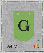 A taped needlepoint canvas with the design: Banner 13 mesh count Curved G Black on Light Green.