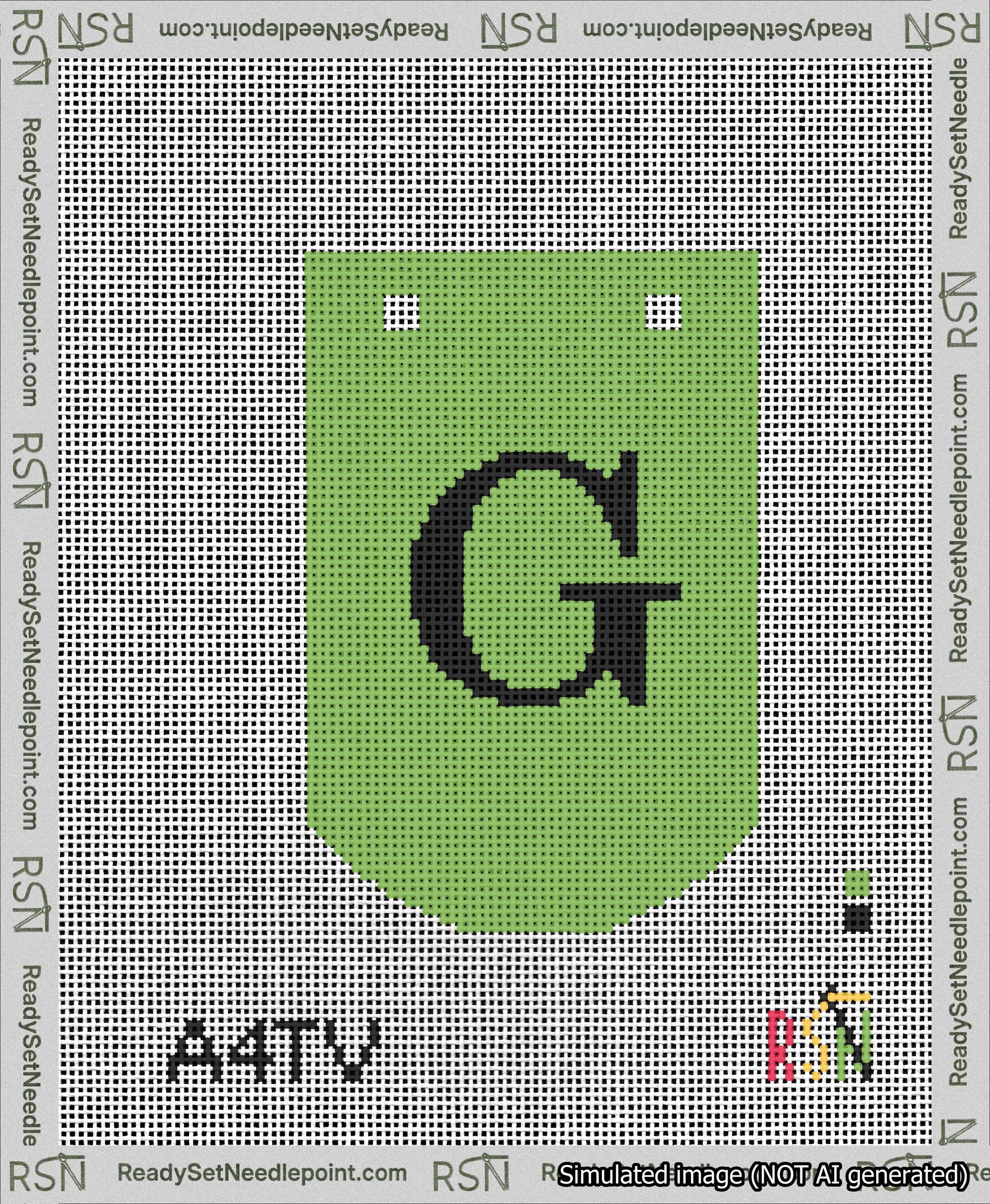 A taped needlepoint canvas with the design: Banner 13 mesh count Curved G Black on Light Green.