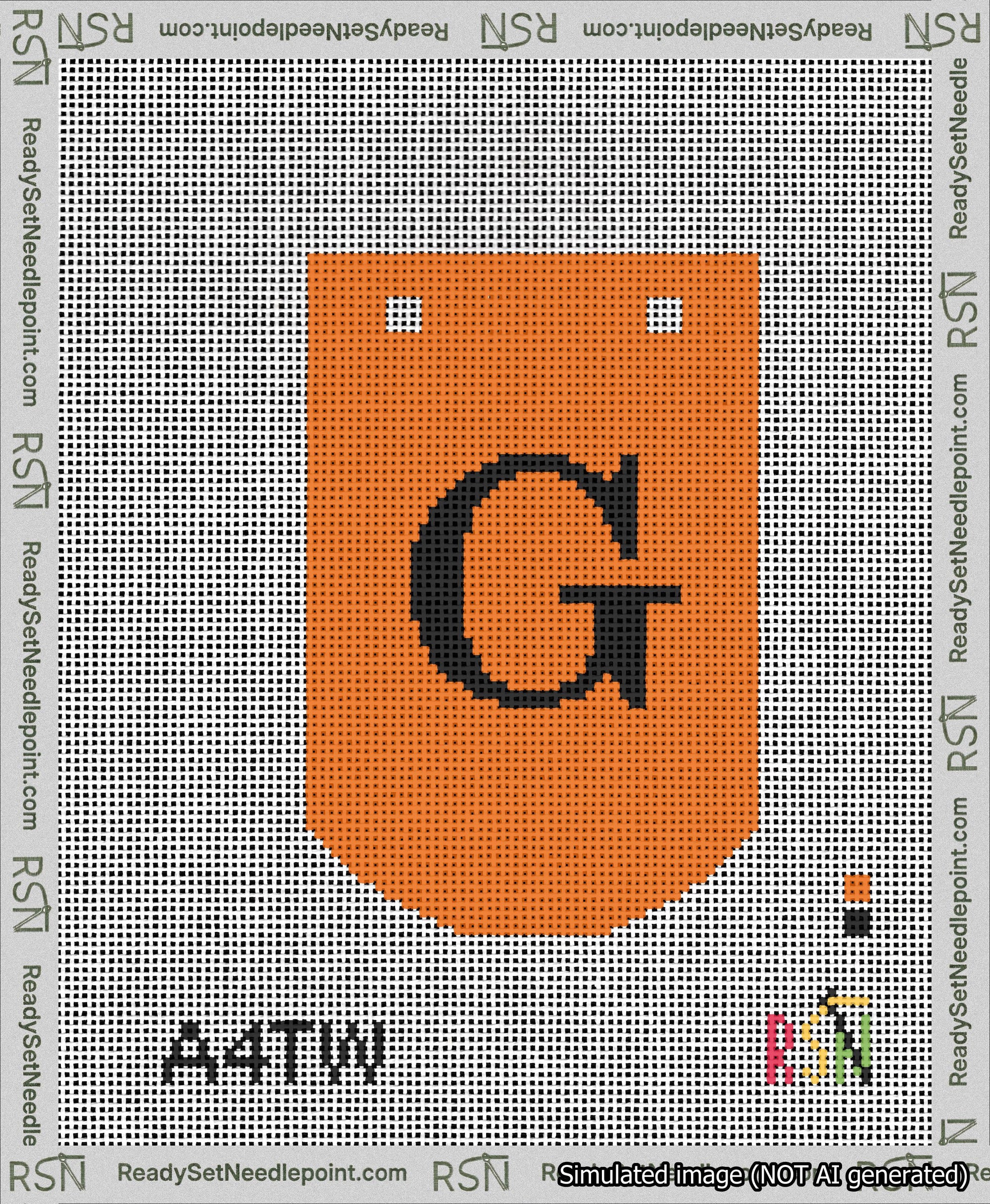 A taped needlepoint canvas with the design: Banner 13 mesh count Curved G Black on Orange.