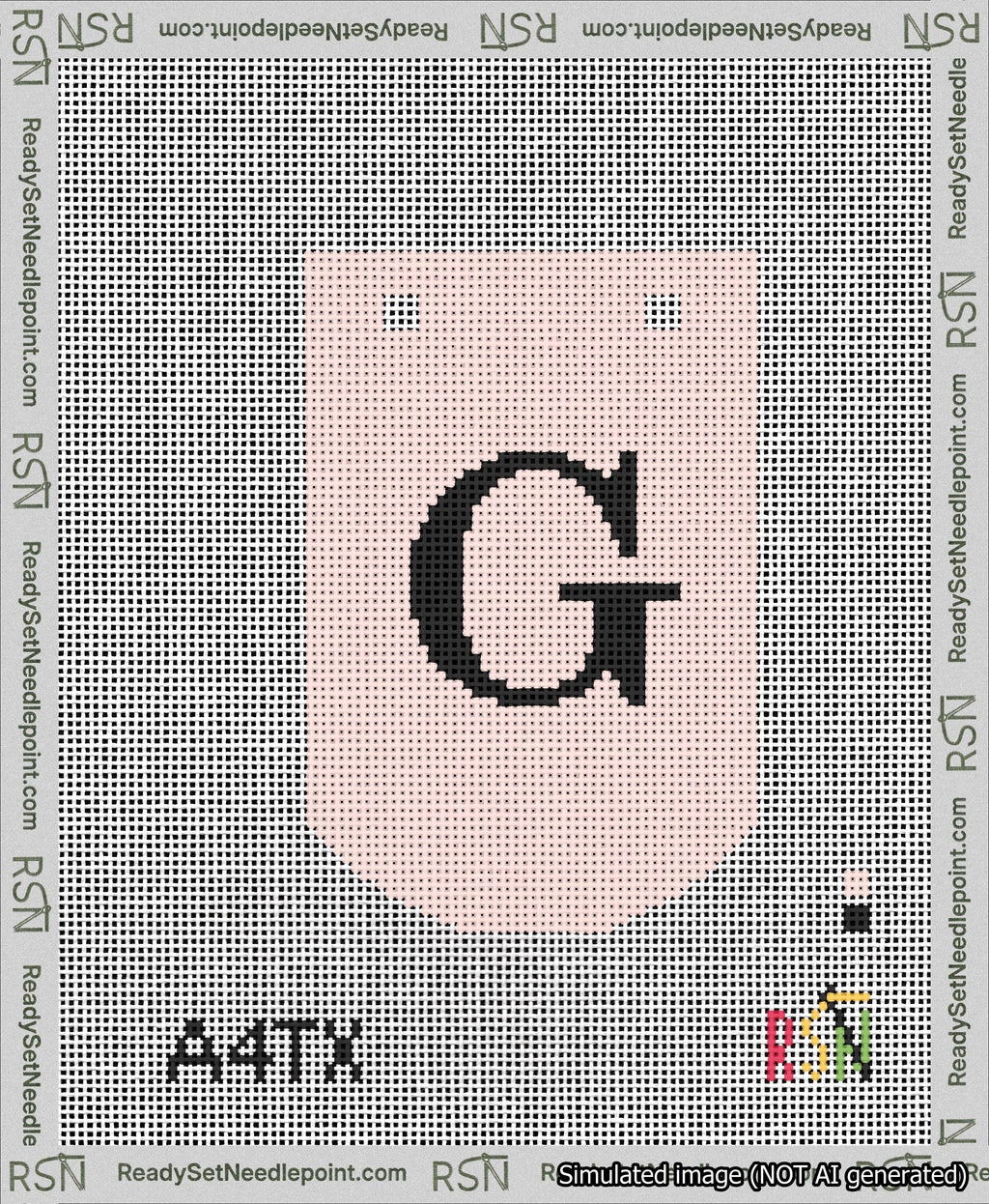 A taped needlepoint canvas with the design: Banner 13 mesh count Curved G Black on Pink.