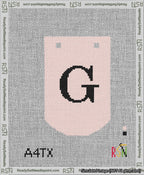 A taped needlepoint canvas with the design: Banner 13 mesh count Curved G Black on Pink.