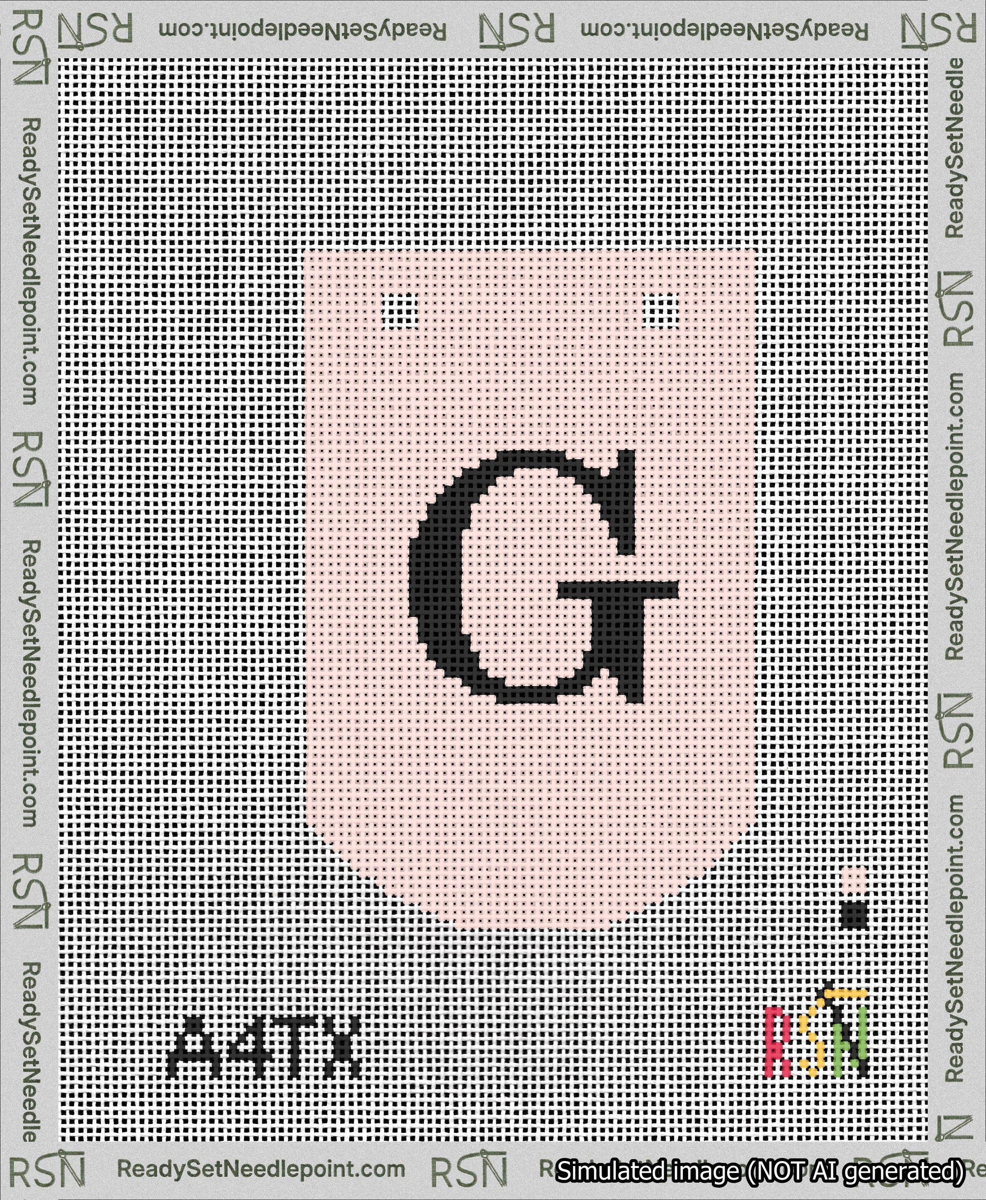 A taped needlepoint canvas with the design: Banner 13 mesh count Curved G Black on Pink.
