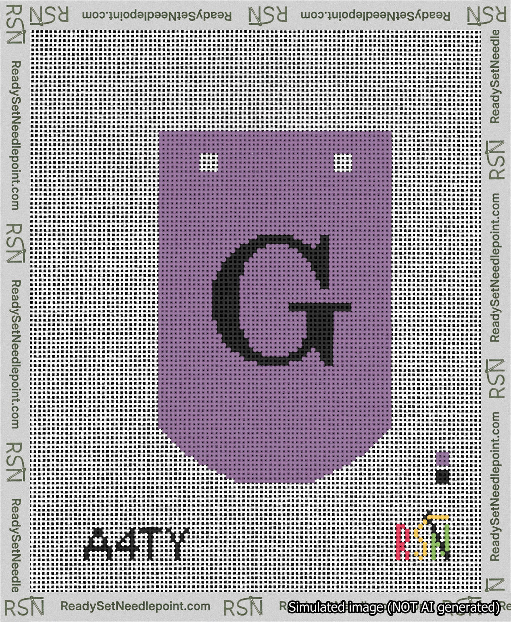 A taped needlepoint canvas with the design: Banner 13 mesh count Curved G Black on Purple.