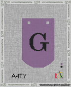 A taped needlepoint canvas with the design: Banner 13 mesh count Curved G Black on Purple.