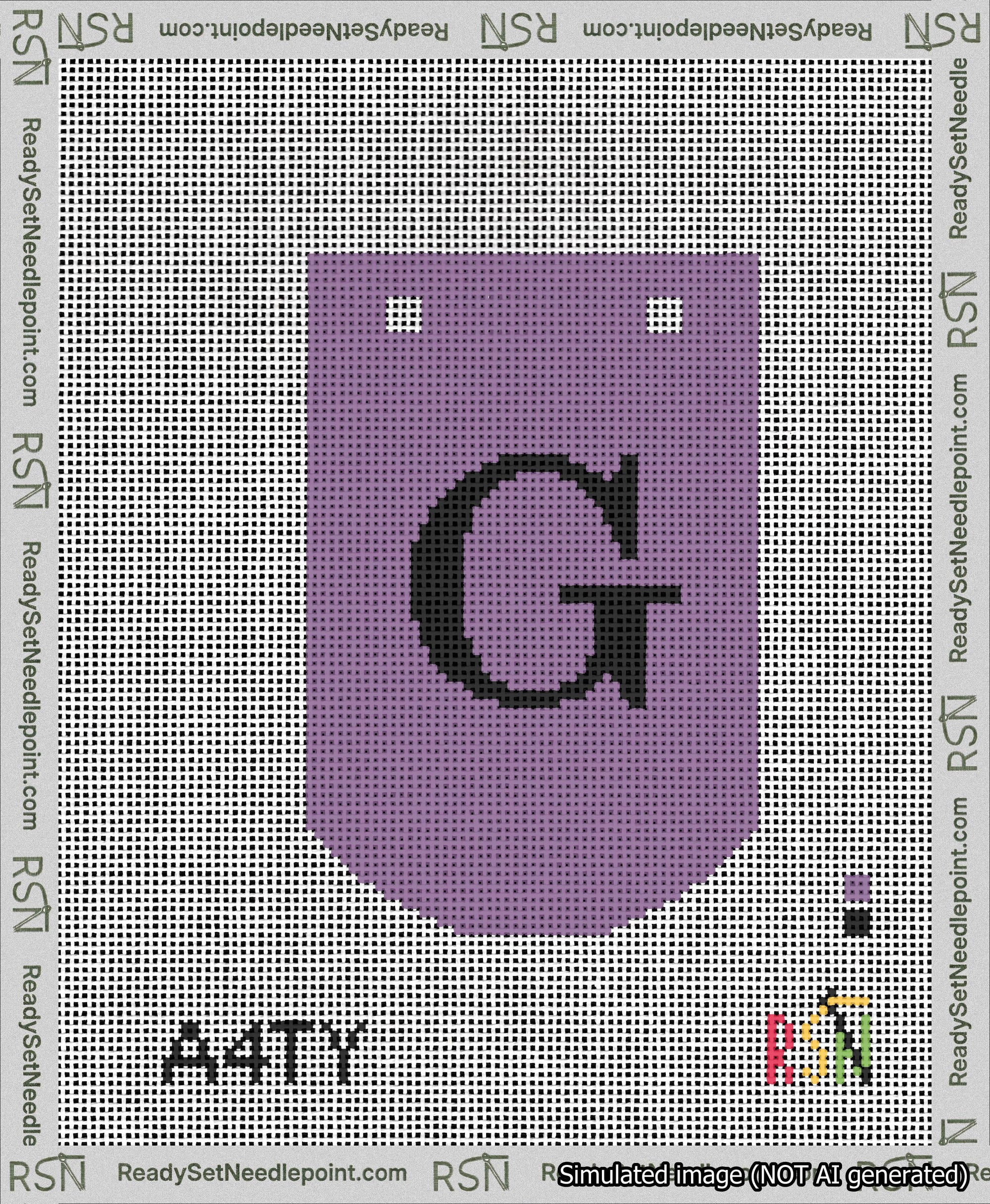 A taped needlepoint canvas with the design: Banner 13 mesh count Curved G Black on Purple.
