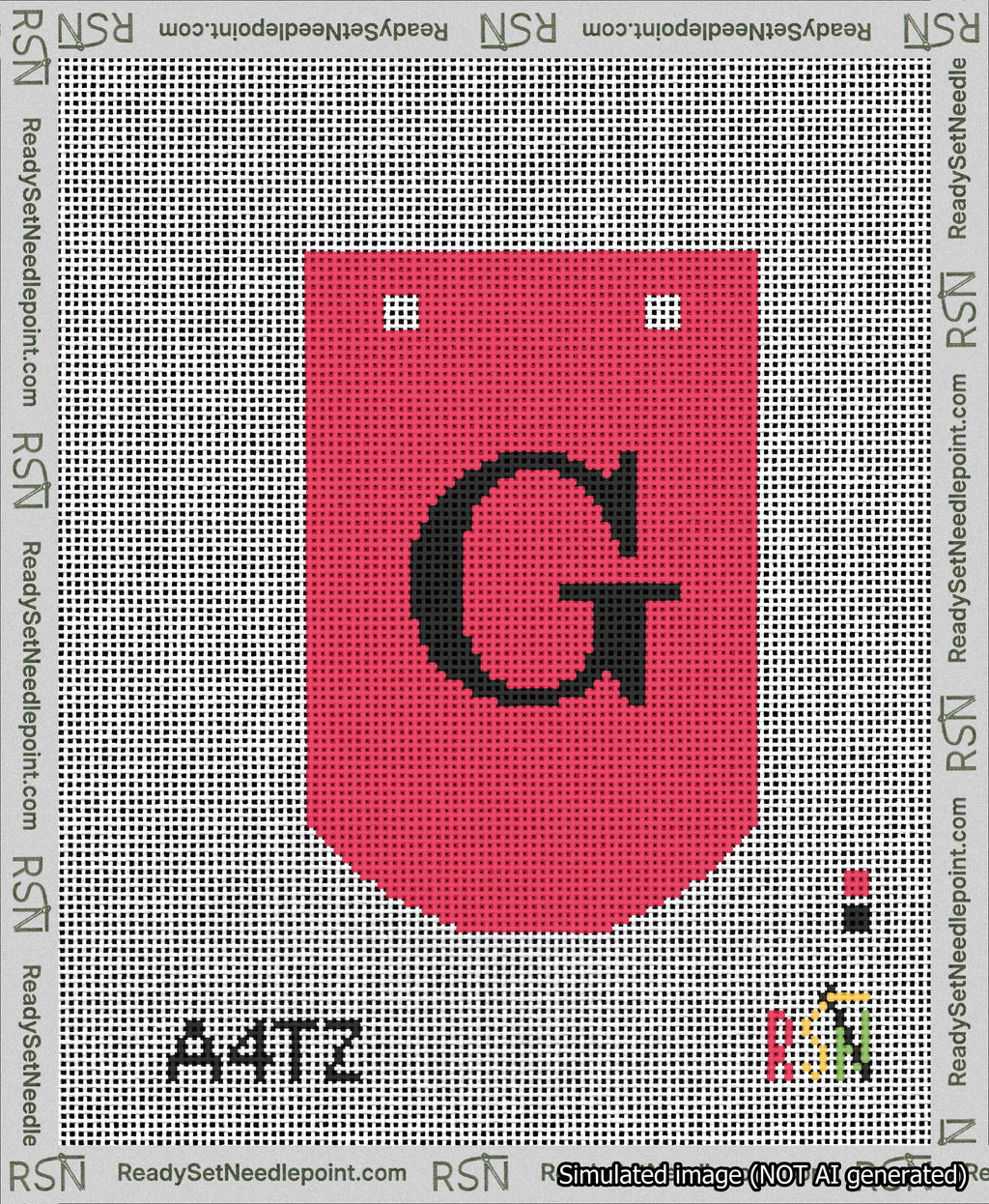 A taped needlepoint canvas with the design: Banner 13 mesh count Curved G Black on Red.