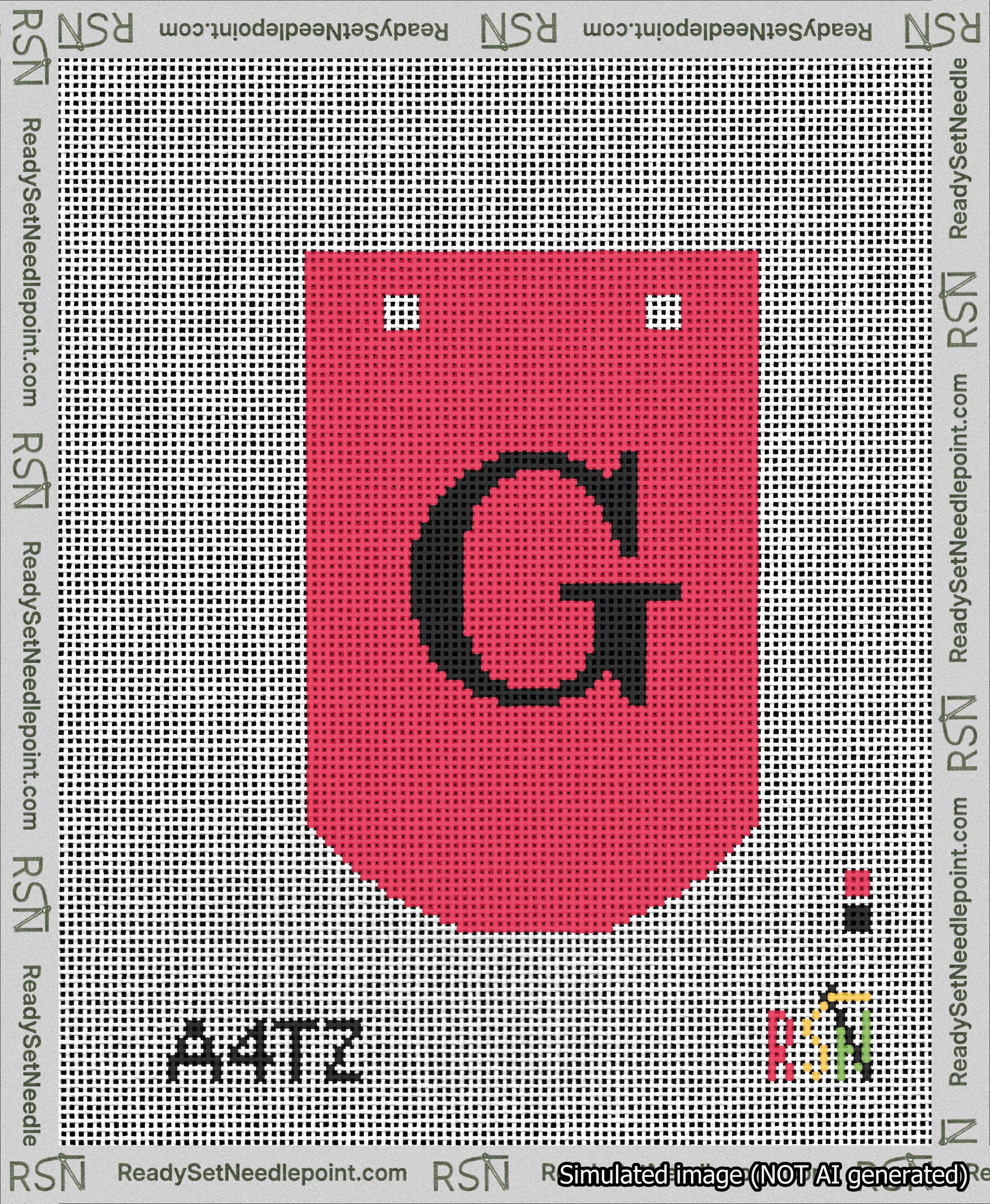 A taped needlepoint canvas with the design: Banner 13 mesh count Curved G Black on Red.