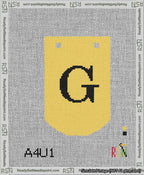 A taped needlepoint canvas with the design: Banner 13 mesh count Curved G Black on Yellow.