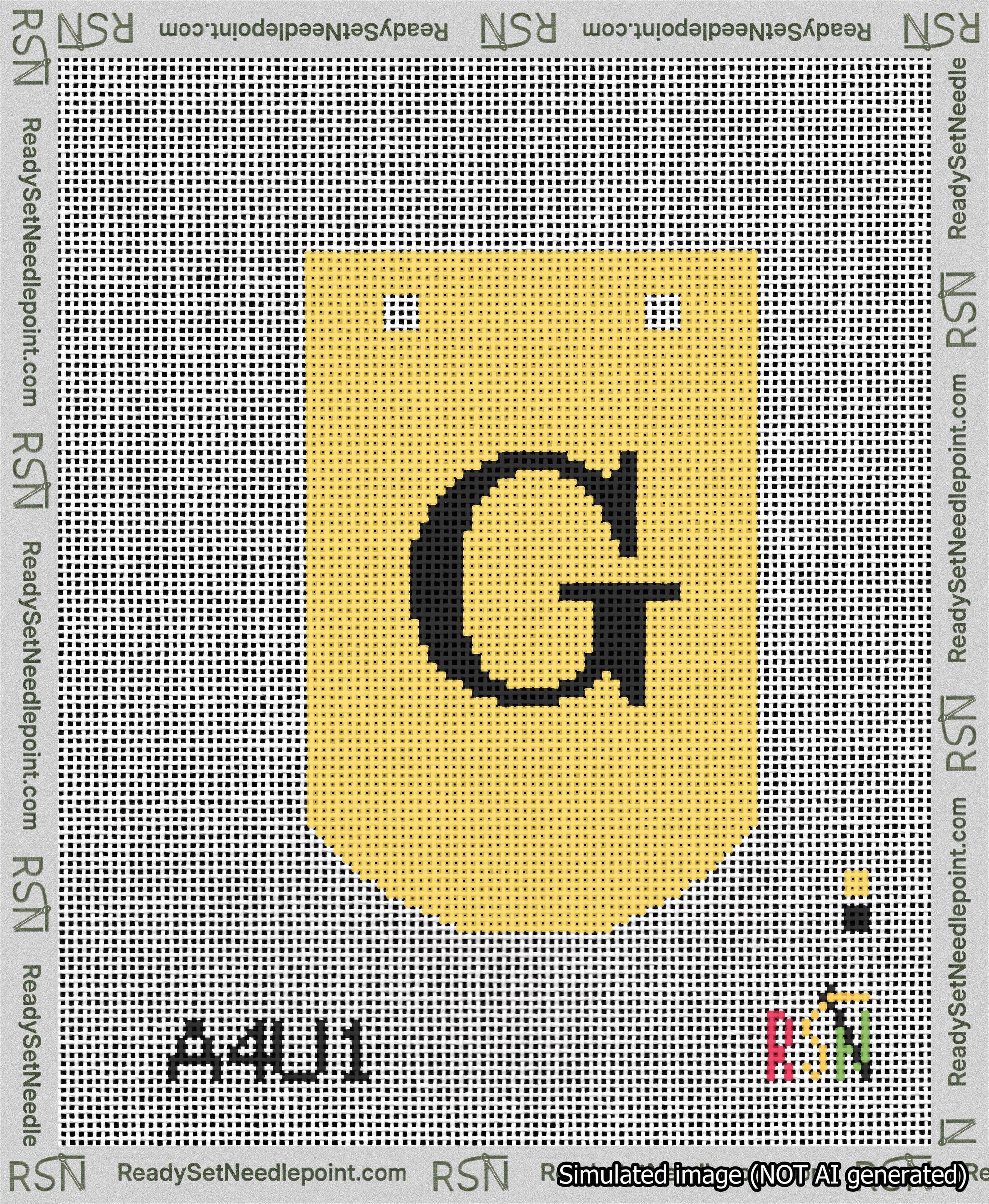 A taped needlepoint canvas with the design: Banner 13 mesh count Curved G Black on Yellow.