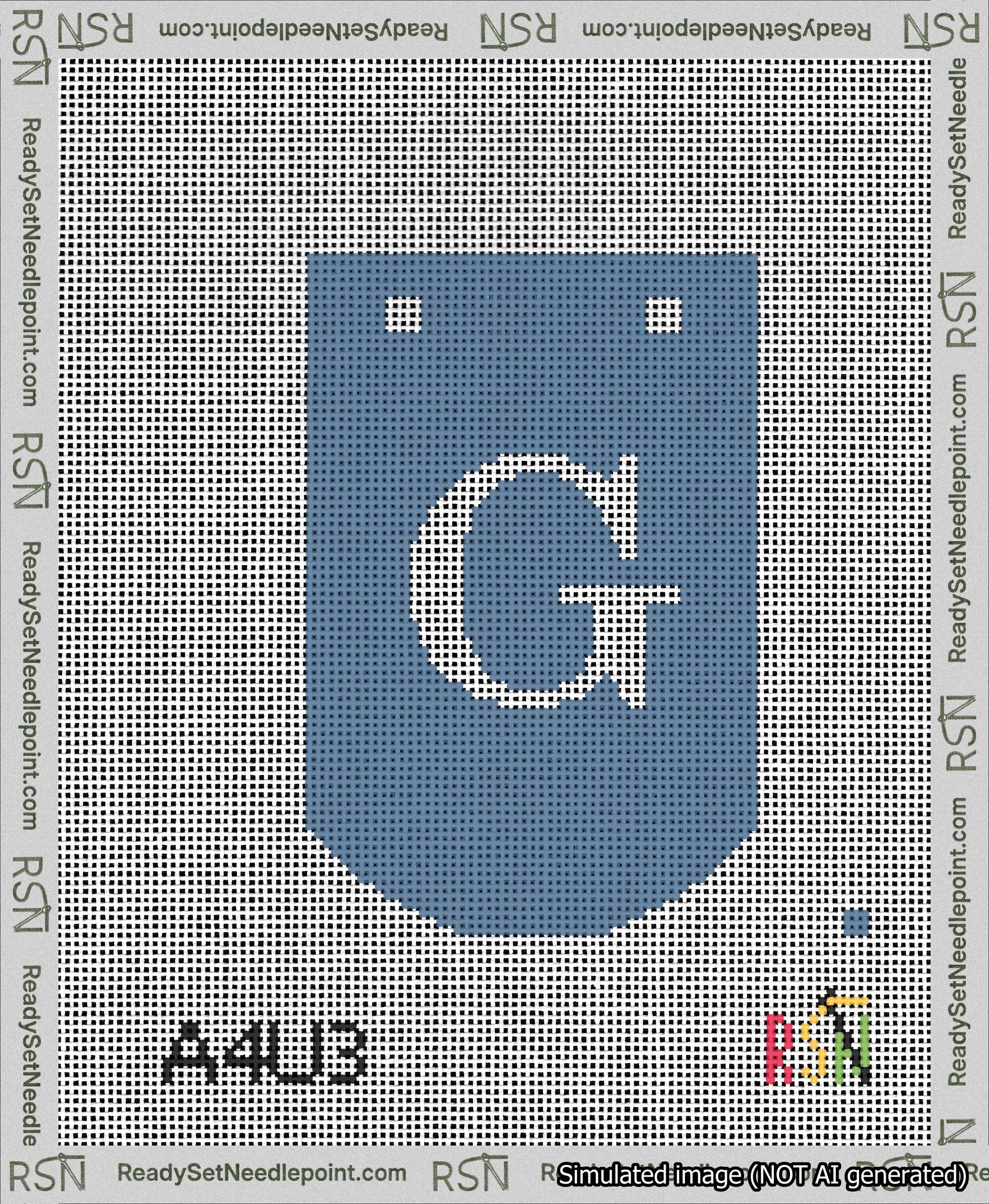 A taped needlepoint canvas with the design: Banner 13 mesh count Curved G White on Blue.