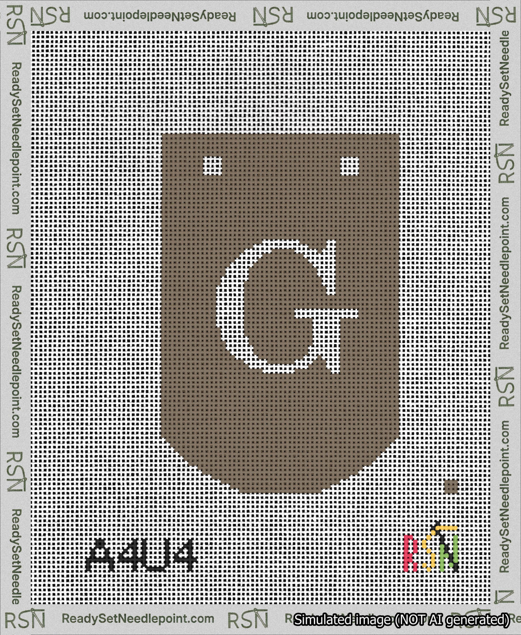 A taped needlepoint canvas with the design: Banner 13 mesh count Curved G White on Brown.