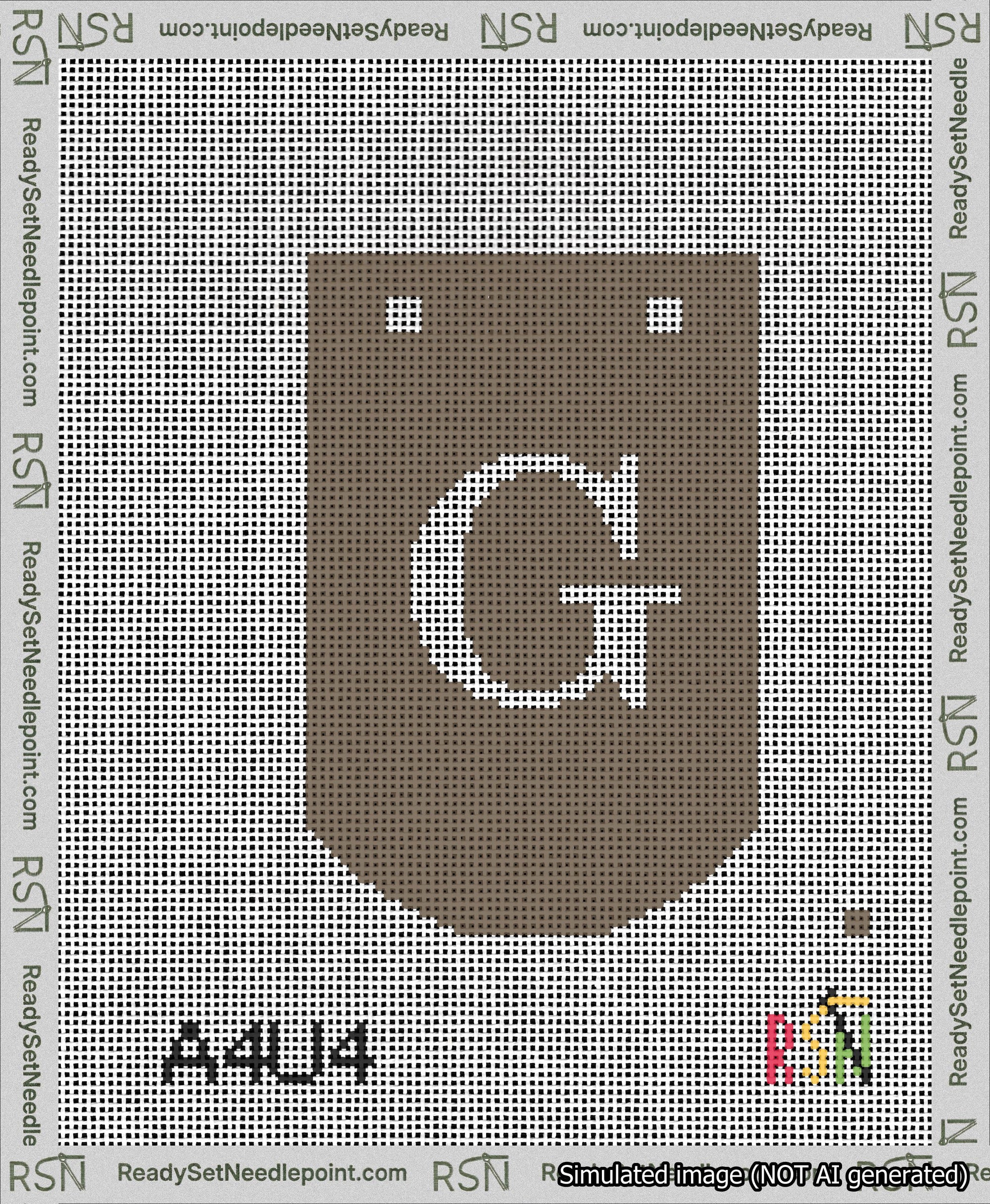 A taped needlepoint canvas with the design: Banner 13 mesh count Curved G White on Brown.