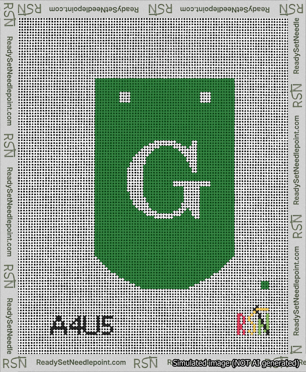 A taped needlepoint canvas with the design: Banner 13 mesh count Curved G White on Green.