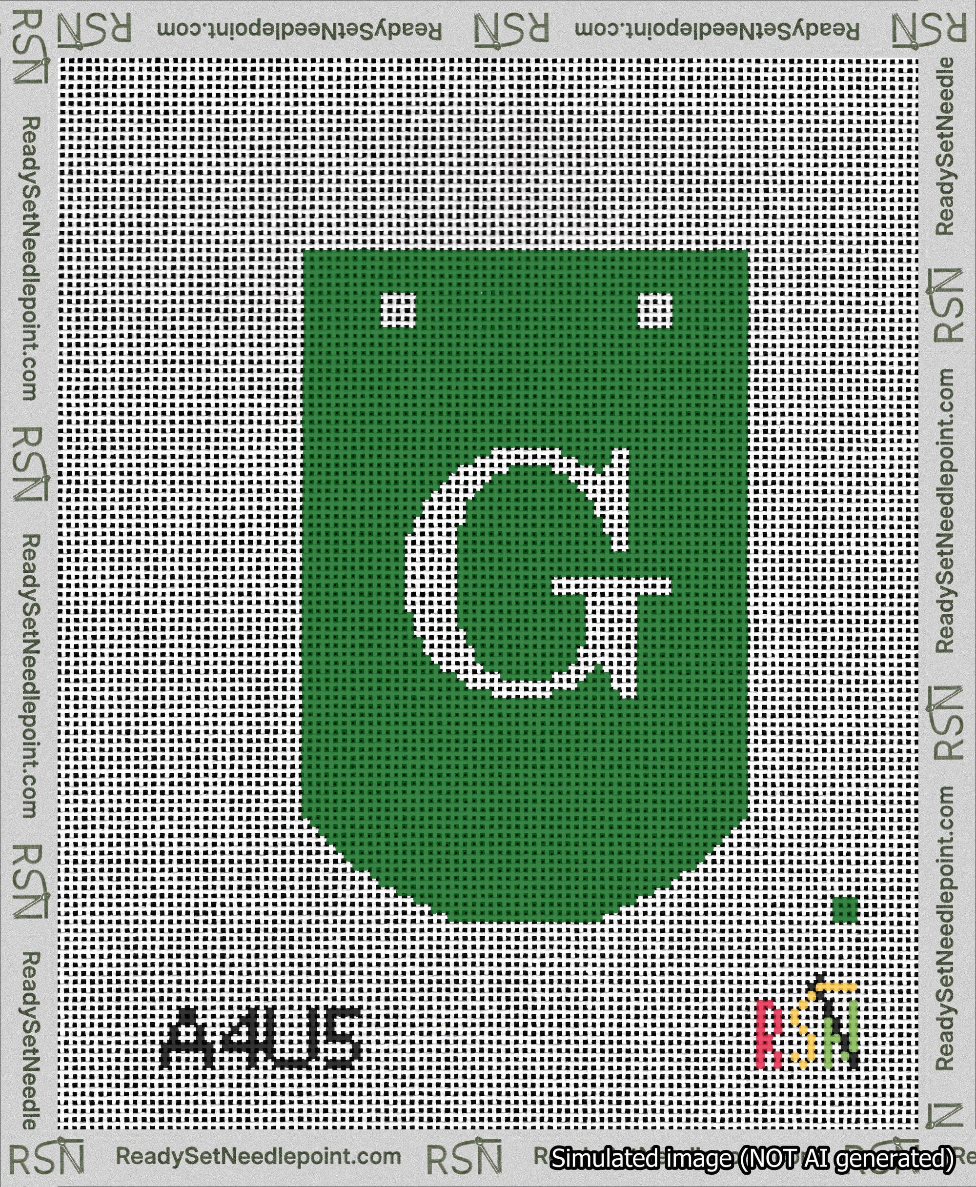 A taped needlepoint canvas with the design: Banner 13 mesh count Curved G White on Green.