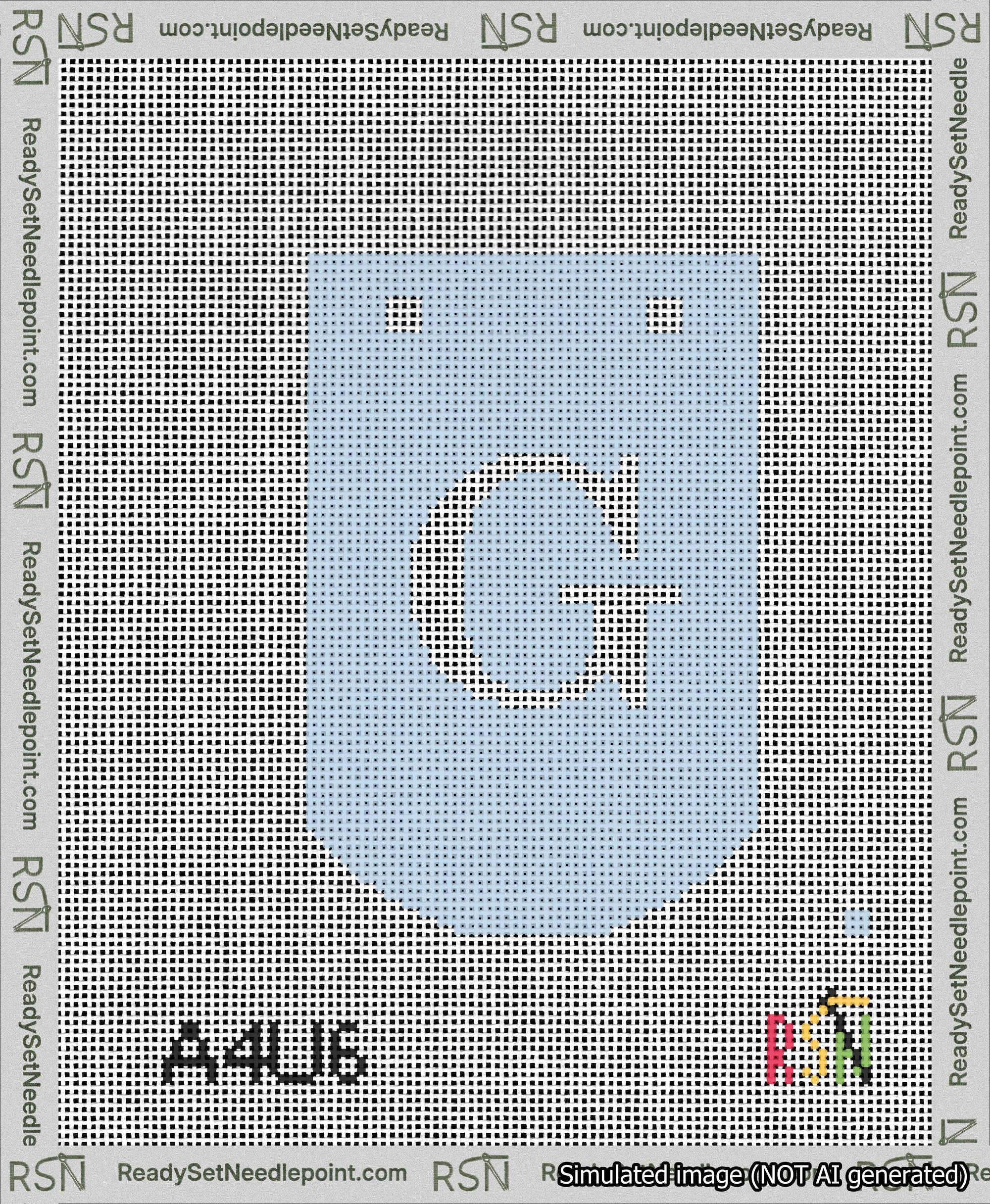 A taped needlepoint canvas with the design: Banner 13 mesh count Curved G White on Light Blue.