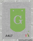 A taped needlepoint canvas with the design: Banner 13 mesh count Curved G White on Light Green.