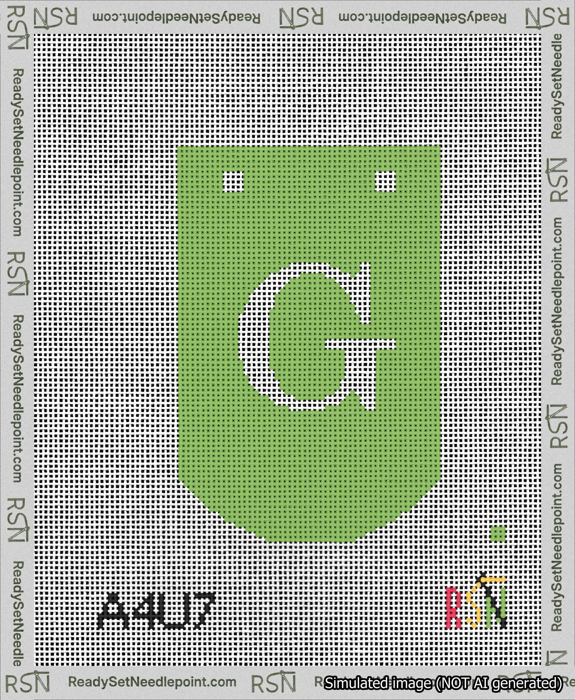 A taped needlepoint canvas with the design: Banner 13 mesh count Curved G White on Light Green.